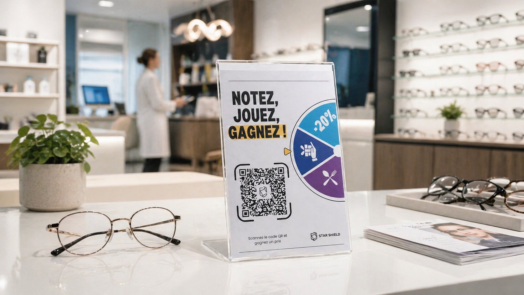 Présentoir QR code StarShield dans une boutique d optique